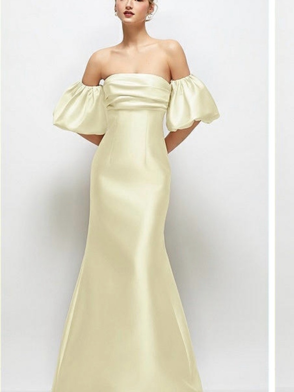 Dessy Strapless Off-Shoulder Gown in butter Yellow